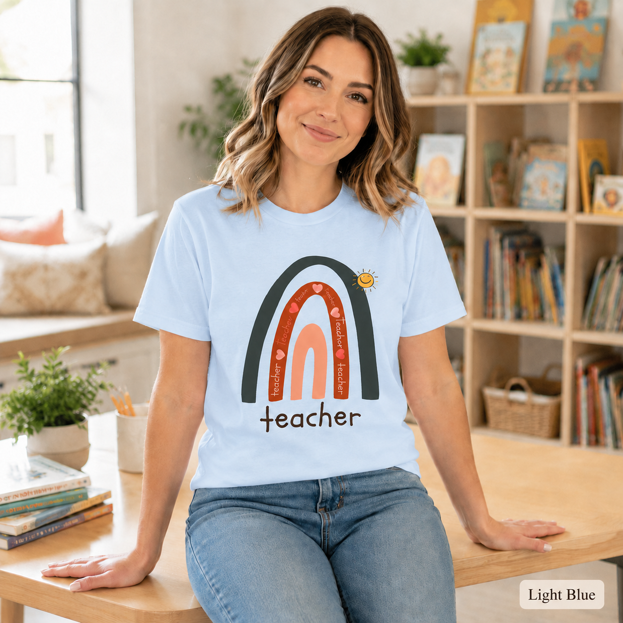 Teacher Rainbow T-Shirt — Cute Sun & Heart Graphic Tee for Educators