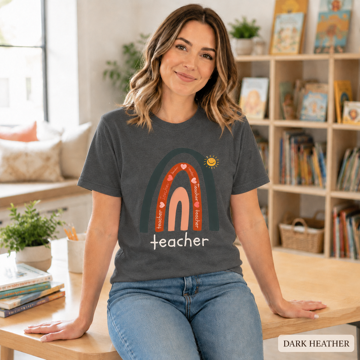 Teacher Rainbow T-Shirt — Cute Sun & Heart Graphic Tee for Educators