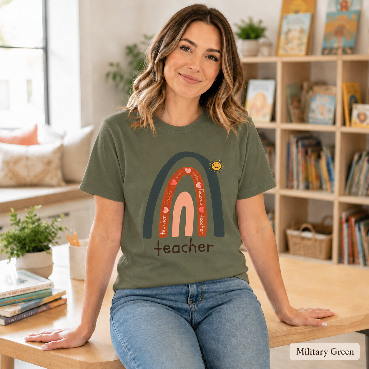 Teacher Rainbow T-Shirt — Cute Sun & Heart Graphic Tee for Educators