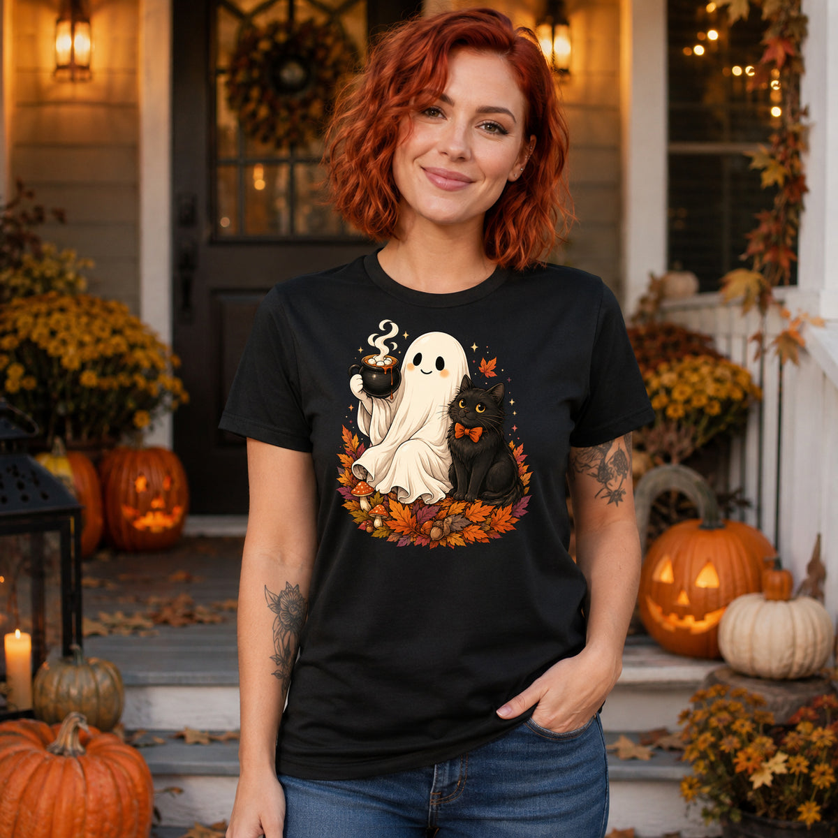 Cozy Cocoa Ghost and Cat Tee